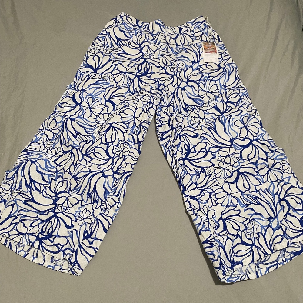 NWT-Martha Stewart 100% Linen Wide Leg Pants-Size Medium- Blue/White Floral